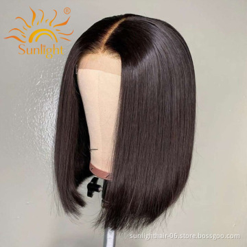 Sunlight Human 1b Color Pre Plucked Hair Natural For Black Women Virgin Transparent Glueless Peruvian Bob Wigs Lace Front Pixie